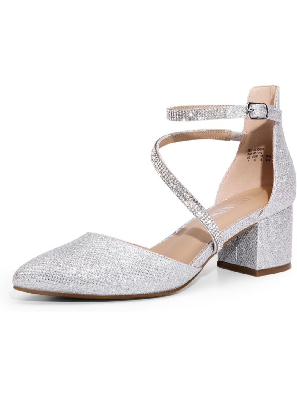 Women's Sliver Leather Block Heels Pumps Closed Pointed Toe Ankle Strap Shoes